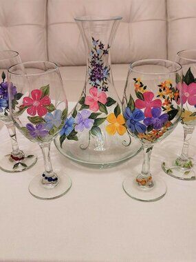 Blown Glass Hand Painted Florals 5 Pc. Wine Set 64 0z. Decanter 4-12 0z. Glasses